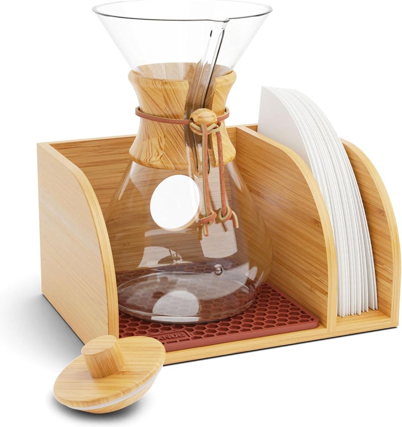 HEXNUB Caddy and Lid for Pour Over Coffee Maker, Bamboo Stand fits Chemex, Bodum, Cosori Carafes, Heatproof Mat, Filter Holder for Drip Coffee Maker - Brown Mat - Image 1